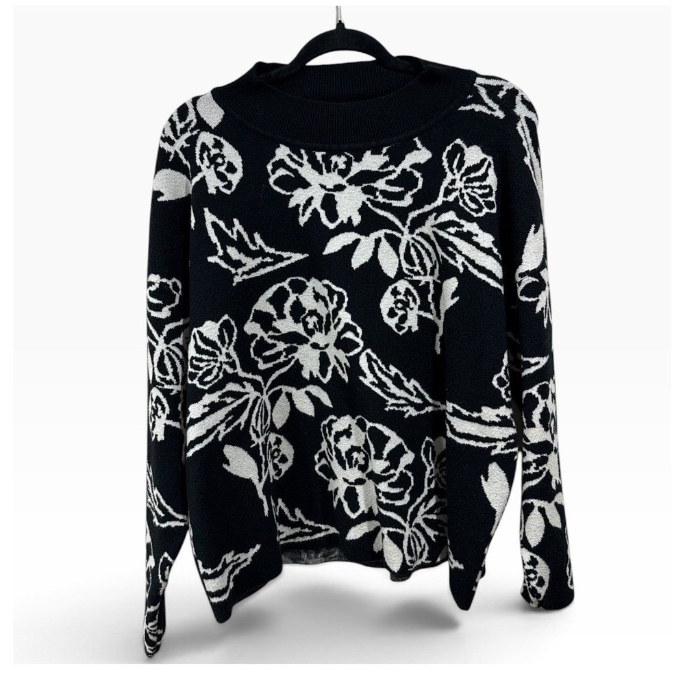 Cyrus Women Large Black White Floral Mock Neck Sweater Long Sleeve Knit Pullover